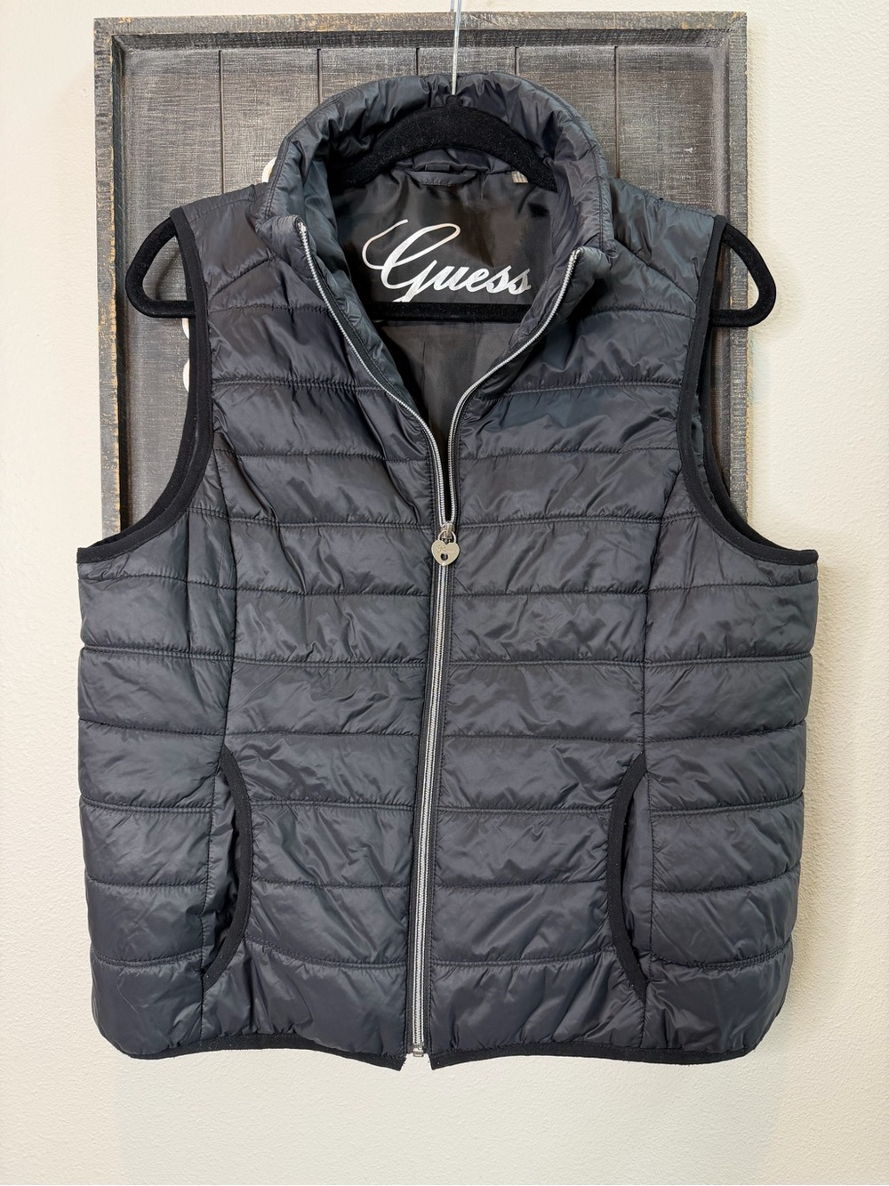 Guess Women's Quilted Puffer Vest with Heart Zipper - Black